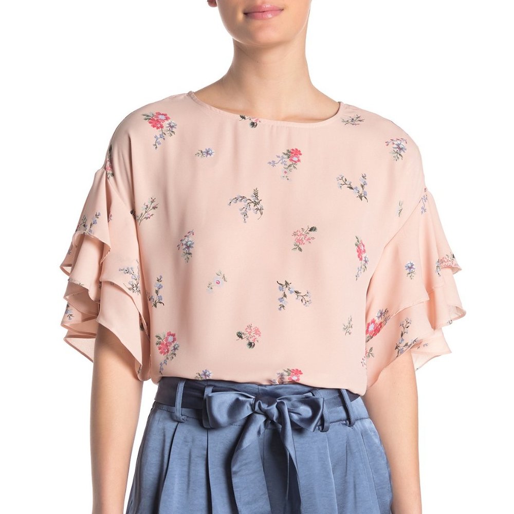 VINCE CAMUTO FLORAL TIERED RUFFLE SLEEVE TOP - Picture 2 of 6